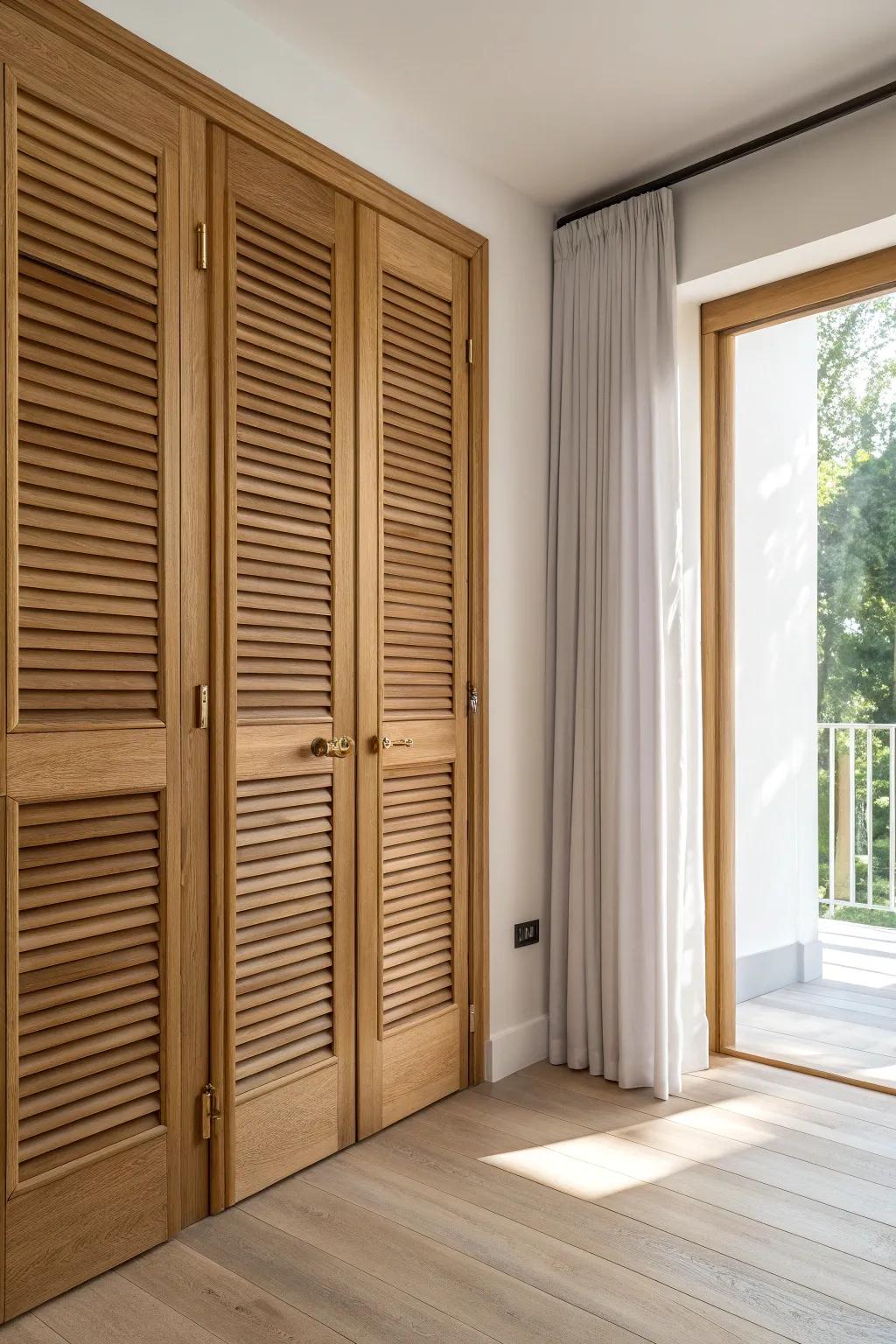 Louvered bi-fold panels stack tidy at a wide opening—warm wood grain, airy slats, clean lines.