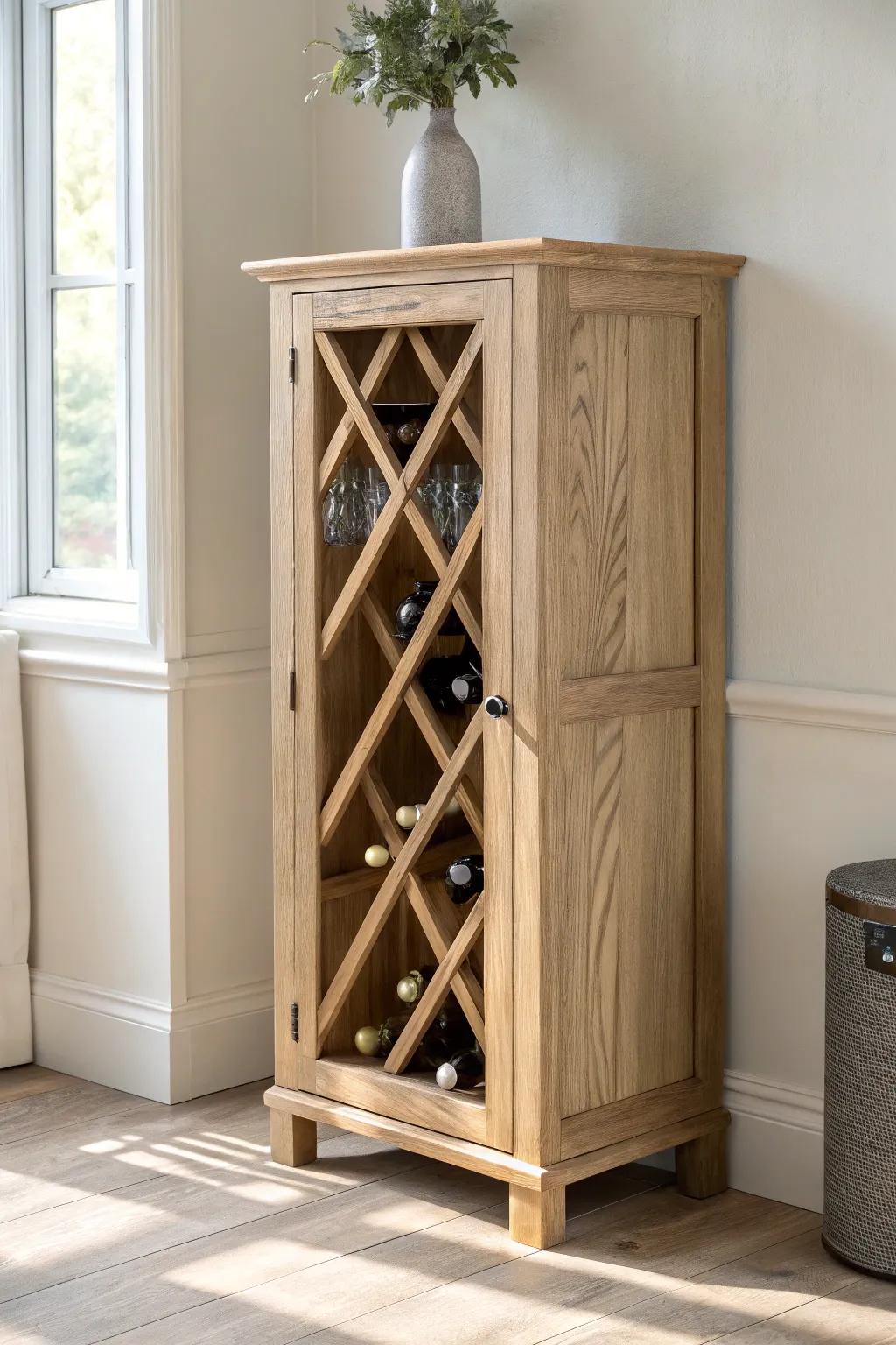 Classic X-cubby grid: a clean, forgiving wine cabinet layout with handcrafted symmetry.