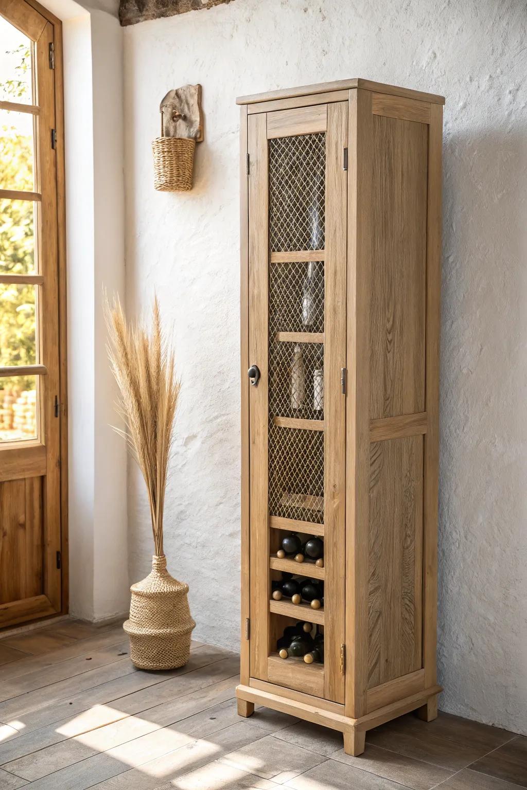 A slim oak wine column cabinet that turns an awkward wall gap into elegant storage.