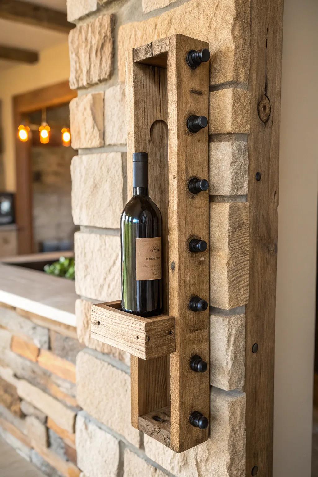 Reclaimed timber wine rack against stone—rustic warmth for a basement cellar idea.