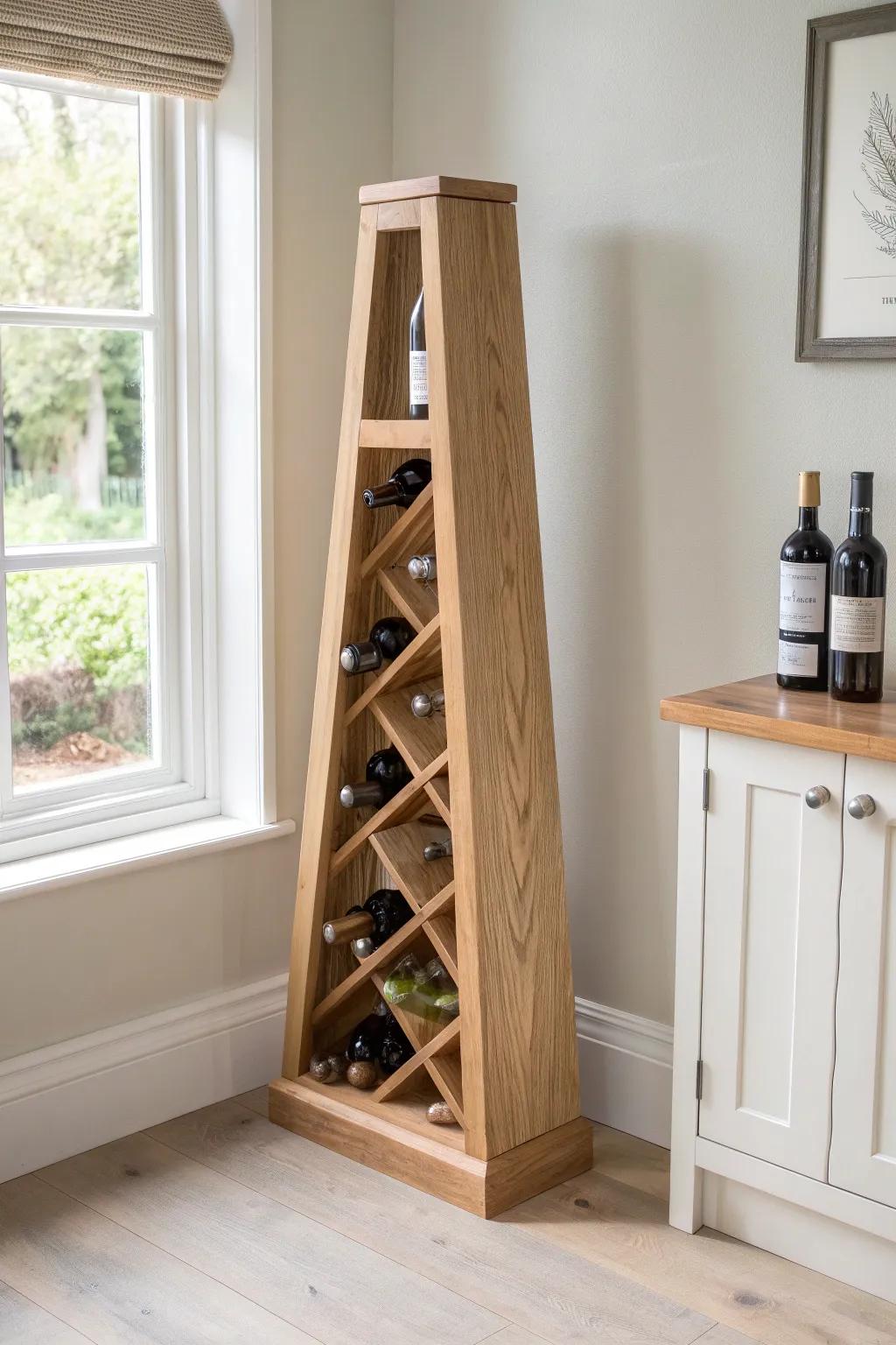 Tall corner wine rack tower that turns unused space into a minimalist showpiece.