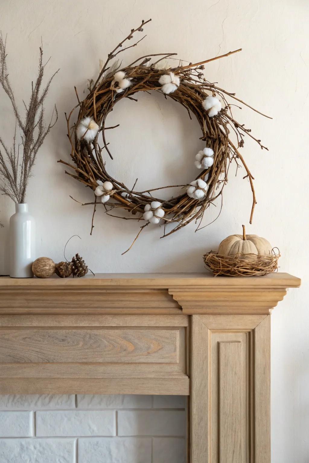 An effortless twig-and-cotton wreath adds cozy winter texture to a clean, minimalist mantel.