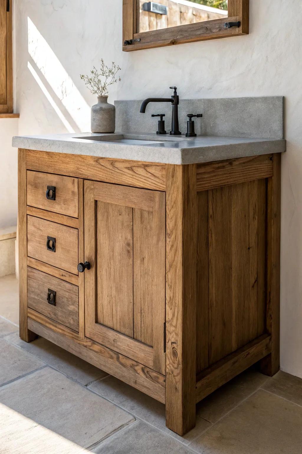 Honed stone meets rustic wood—this vanity look feels like custom furniture in your bath.