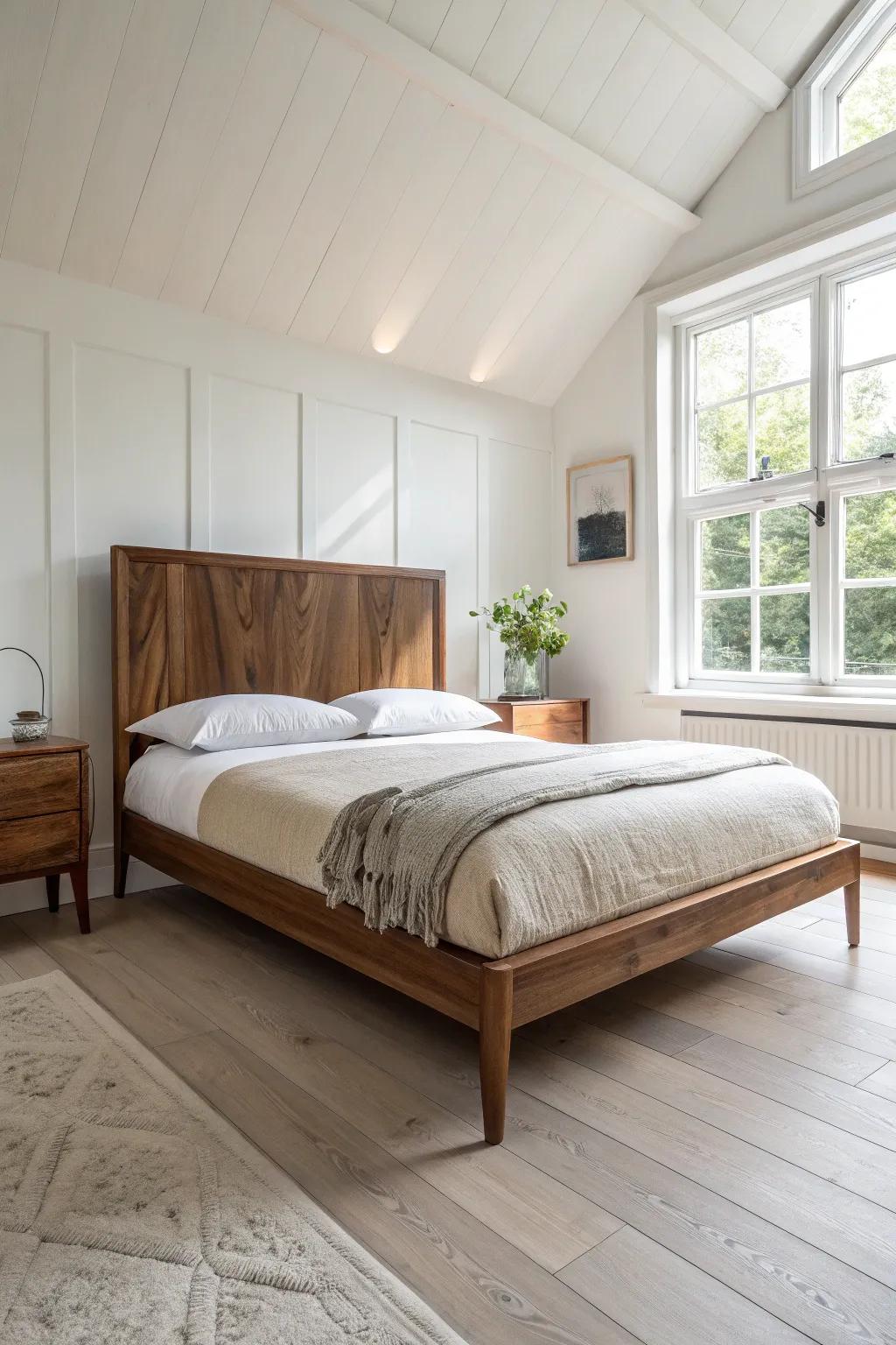 A bold bookmatched panel headboard turns simple wood craftsmanship into a striking focal point.