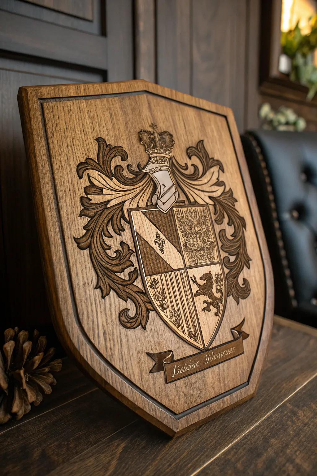 Craft Your Legacy: A Custom Family Crest in Woodburned Elegance.