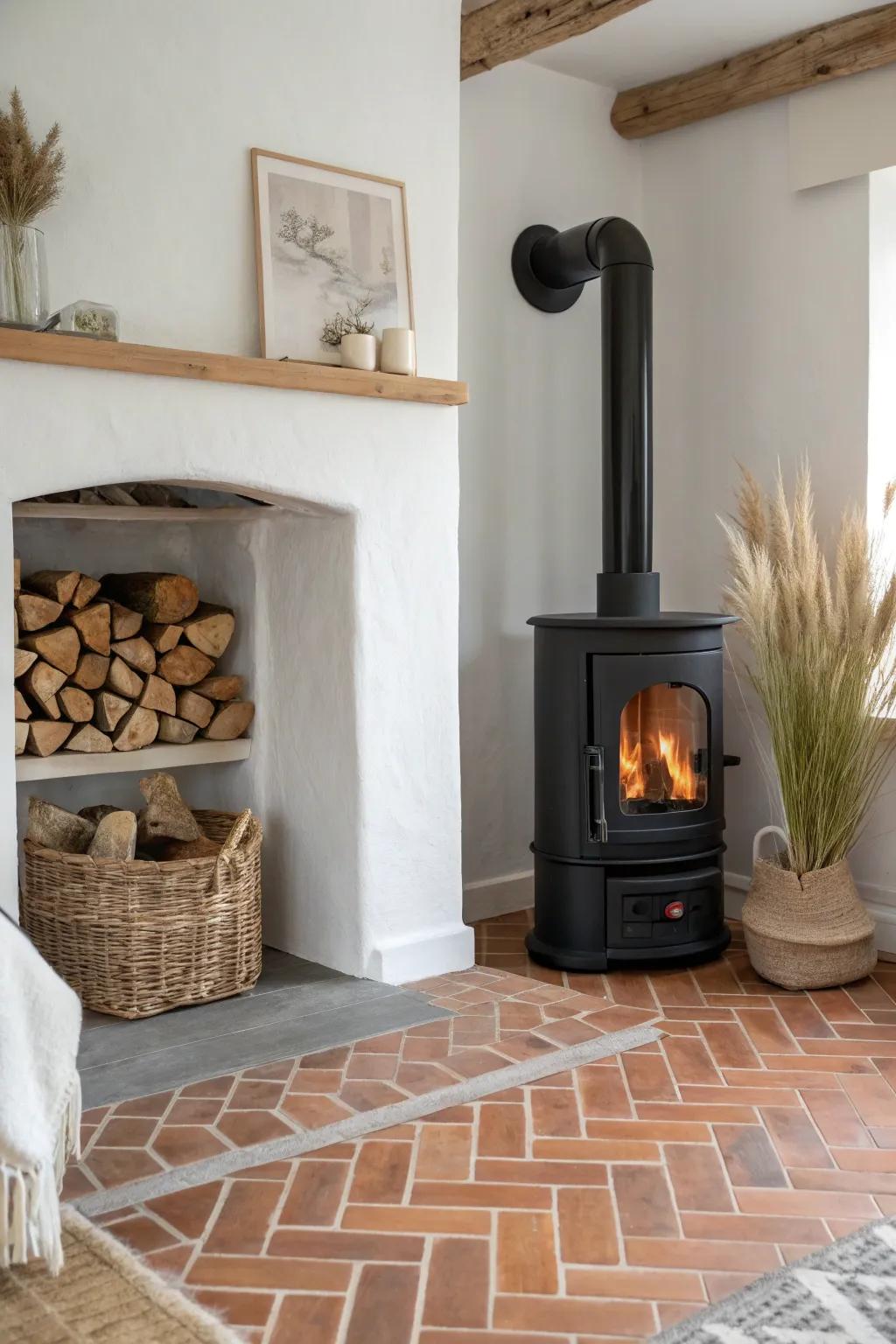 A space-saving corner hearth that makes your wood stove feel intentional and beautifully crafted.