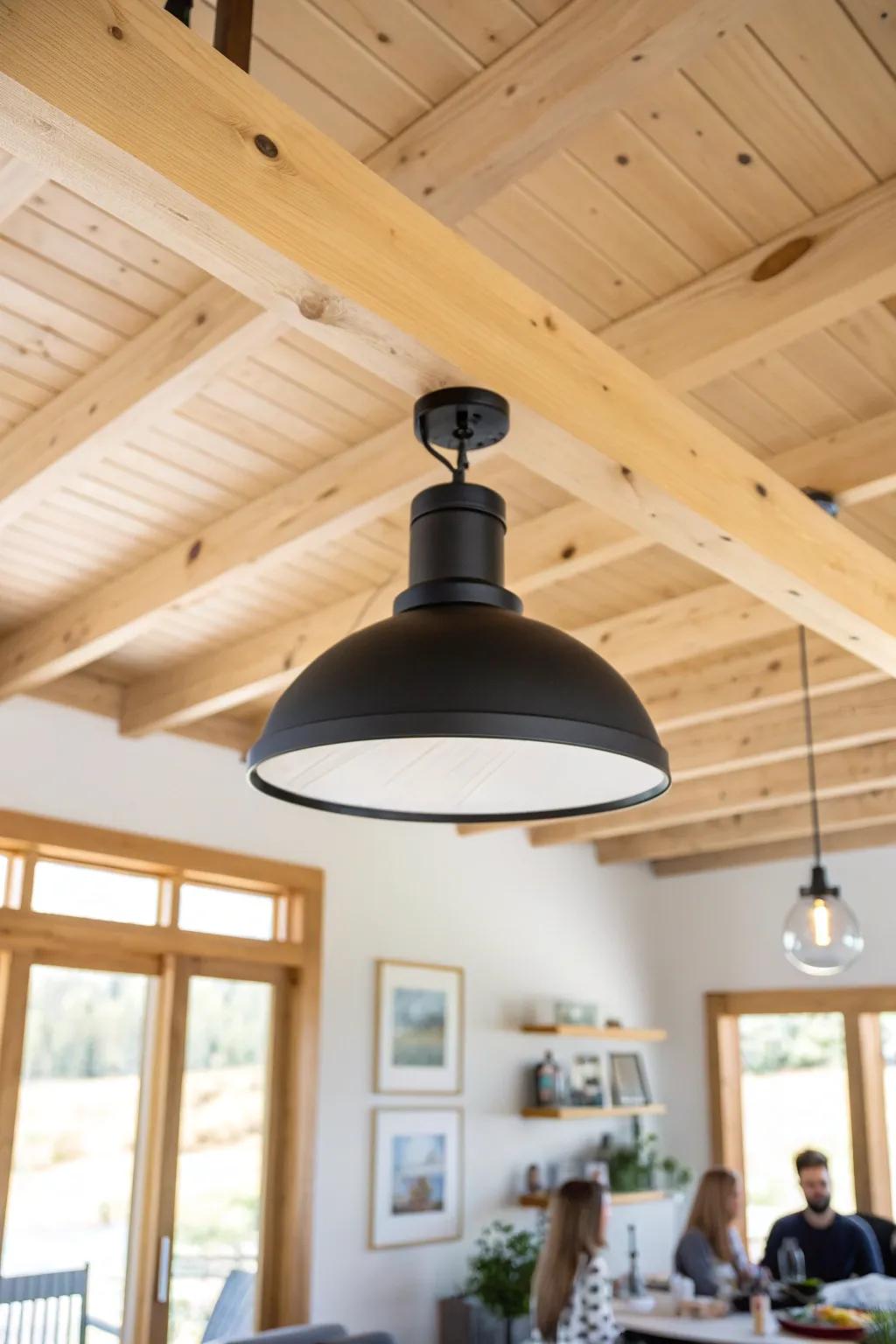 Matte black fixture adds crisp contrast, making warm wood beams feel bold and architectural.