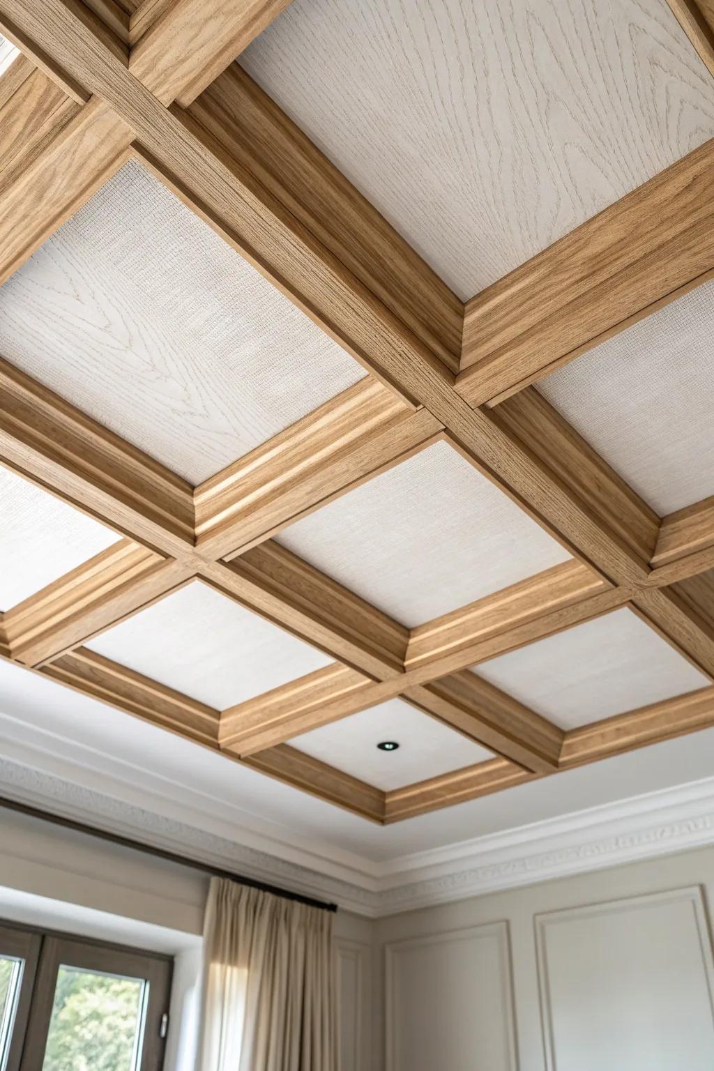 Straight-trim coffered grid brings clean, cozy “architecture” to a plain ceiling.