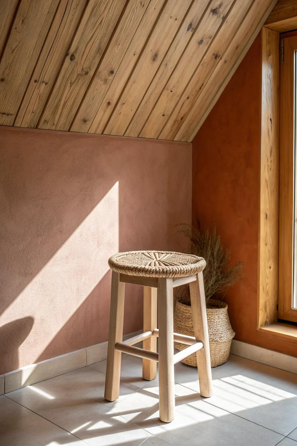 Muted terracotta + wood ceiling = sunset warmth that feels calm, crafted, and grown-up.