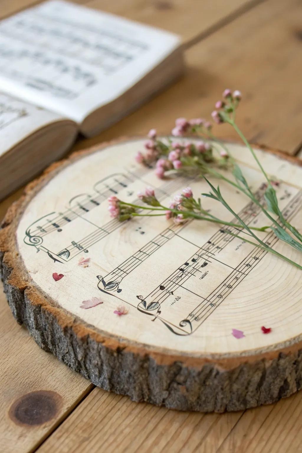 Wood-slice coaster with sheet-music decoupage and a glossy sealed top made for real life.