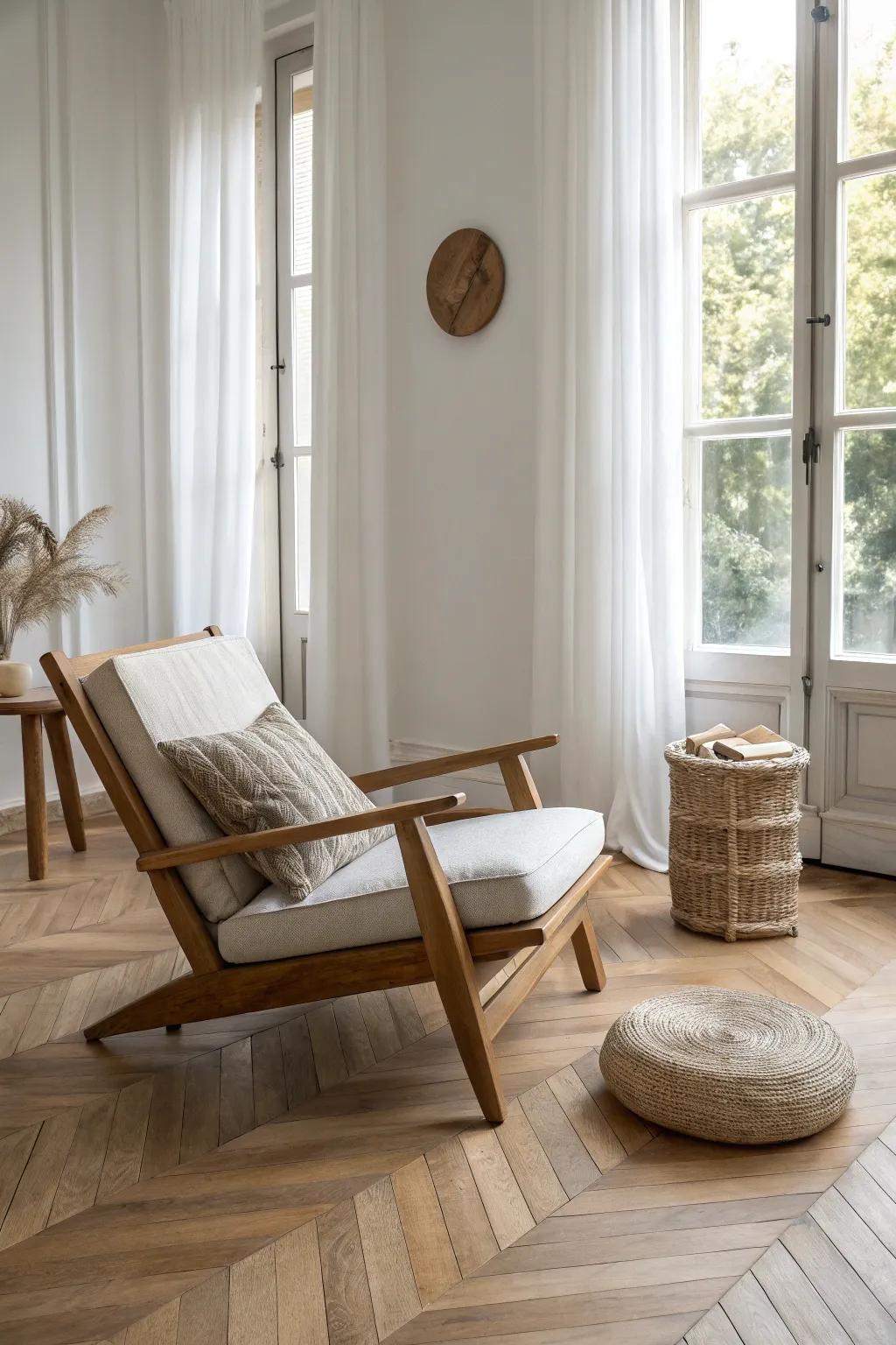 A herringbone oak floor turns the living room into architecture—keep decor minimal for impact.