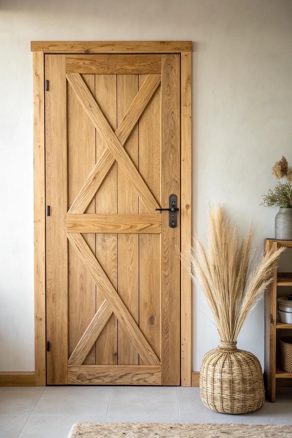 Cozy farmhouse X-brace plank door—warm wood grain, simple joinery, handmade charm.
