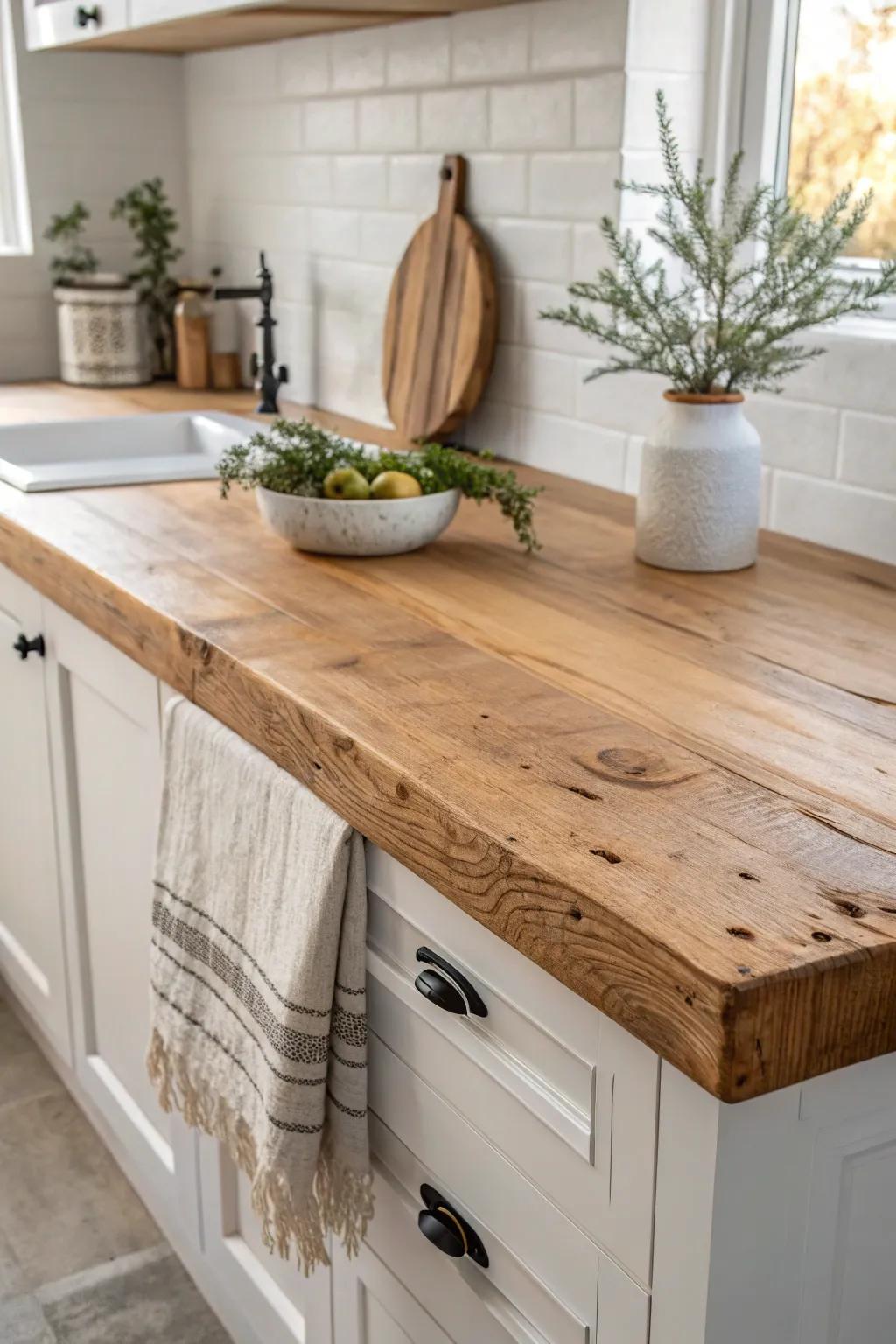 Reclaimed wood countertop with knots and nail marks—rich texture, warmth, and history.