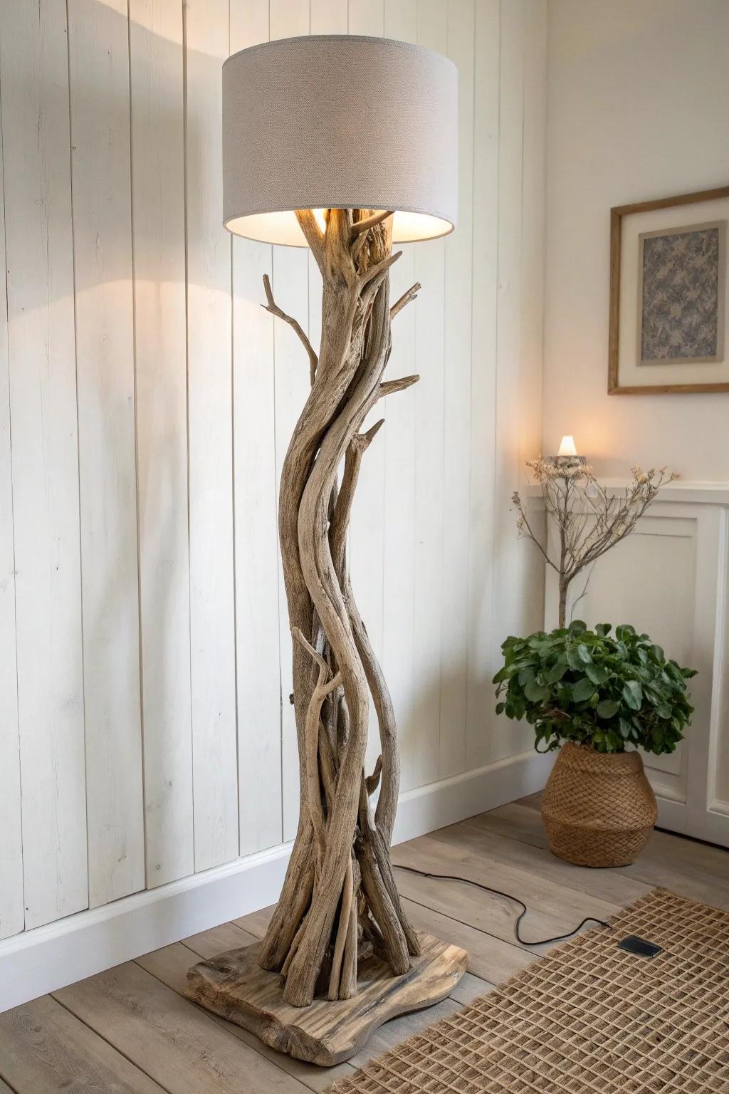 A sculptural driftwood floor lamp that brings beach-worn beauty into a calm minimalist home.