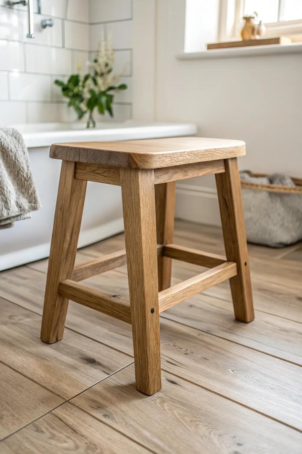 Matte wood-look tiles and a handcrafted stool create a cozy, grippy bathroom floor that feels like real wood.