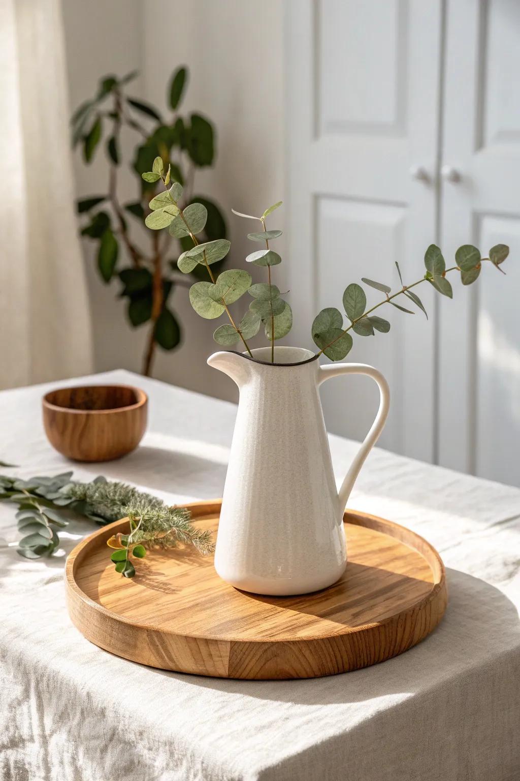 White ceramic pitcher and fresh greenery on a wood riser—simple, calm, and timeless.