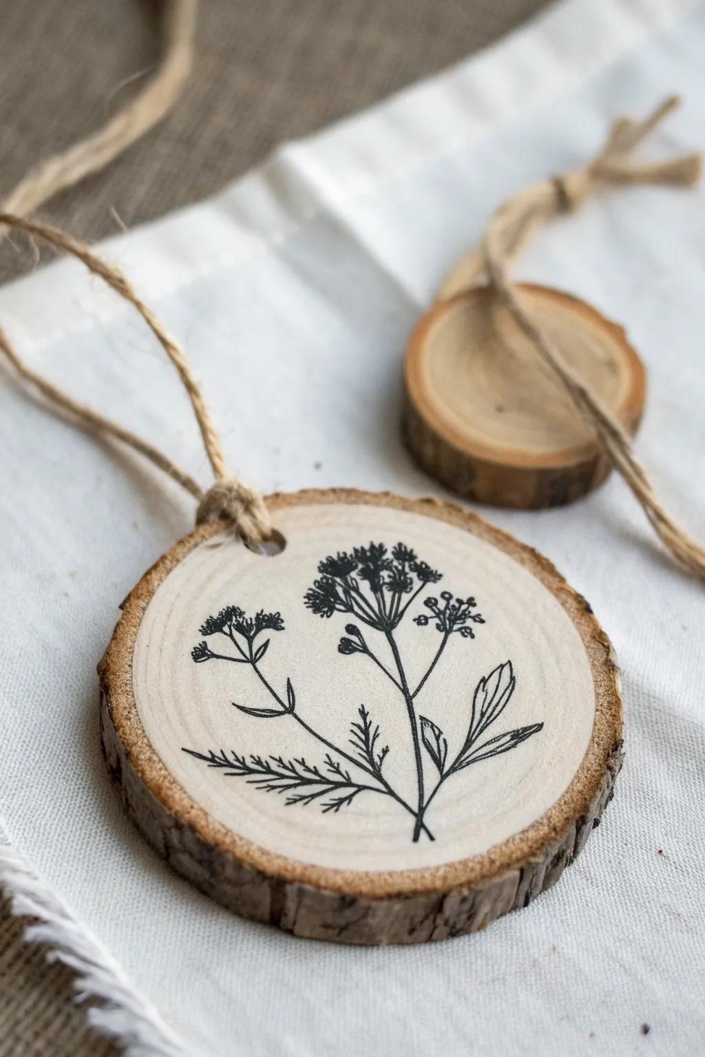 Vintage botanical stamp on a wood slice ornament—simple, cohesive, and softly Scandinavian.