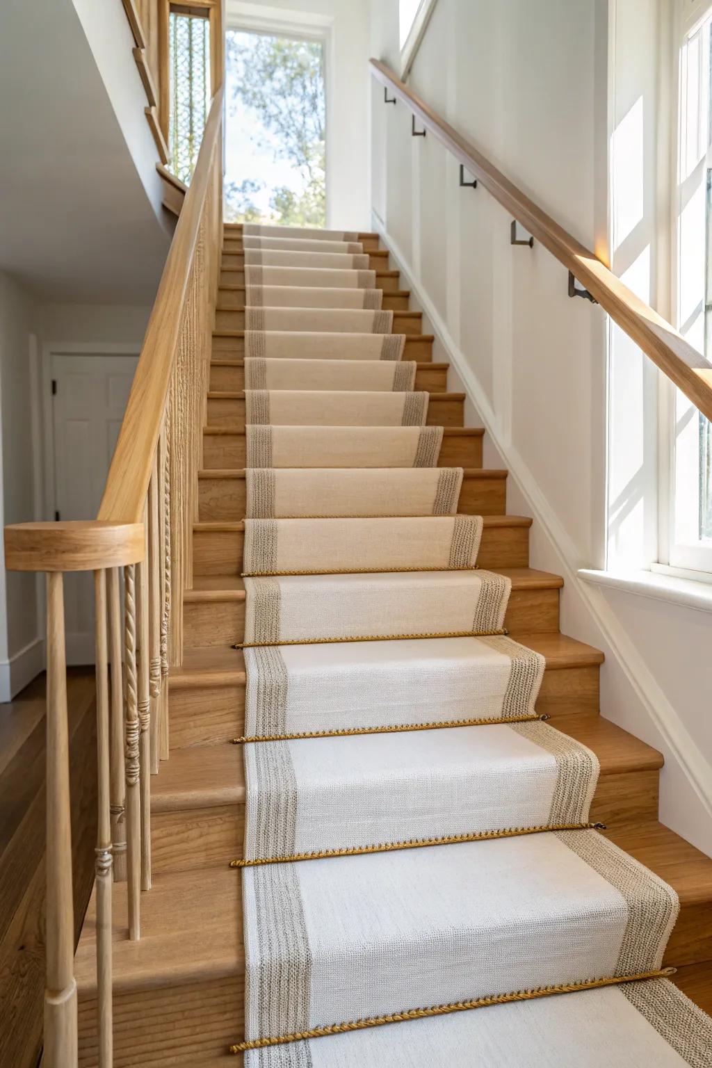 Cozy linen stair runner on warm oak treads—quiet, soft, and beautifully finished.