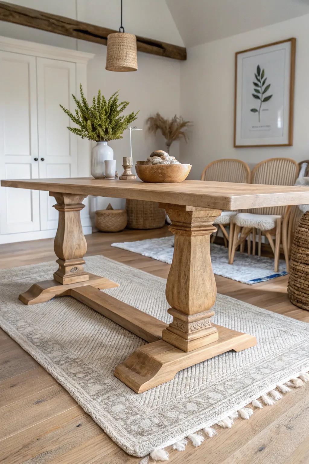 Double pedestal base for long tops—open center space, strong support, timeless craftsmanship.