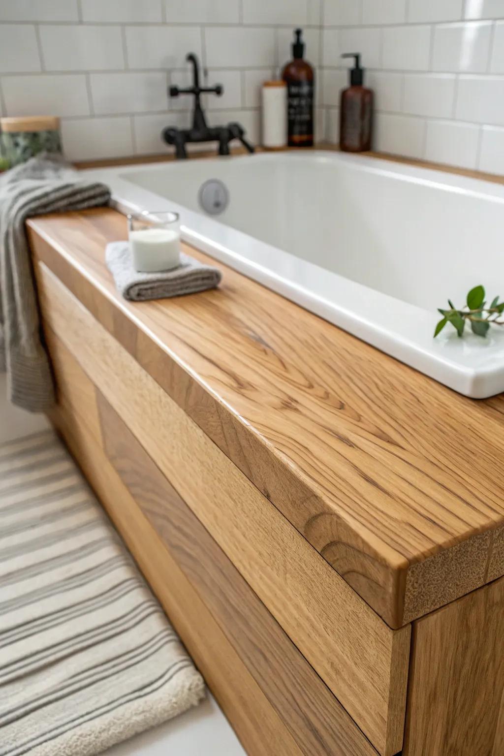 A wide oak tub deck ledge adds a built-in, spa-worthy shelf for towels, soap, and greenery.