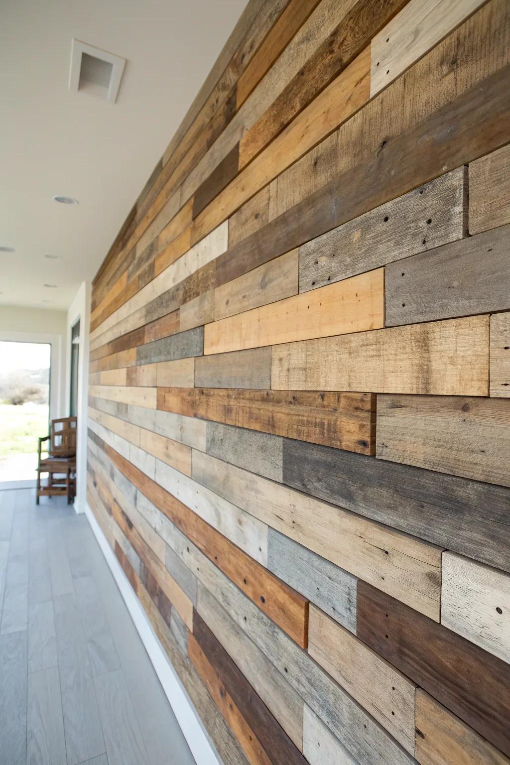 Curated reclaimed planks—warm, textured accent wall that feels intentional, not random.