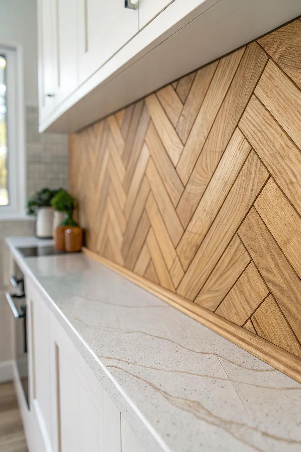 Herringbone wood backsplash: a small statement panel that makes the sink wall feel custom.