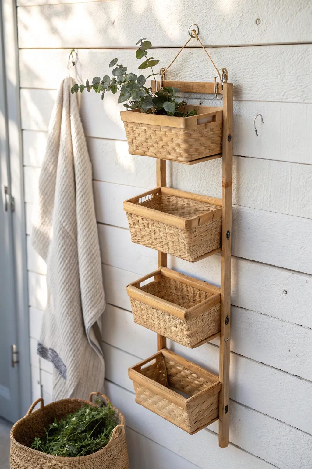 Wall-mounted wooden baskets in a vertical row—simple, beautiful grab-and-go storage.