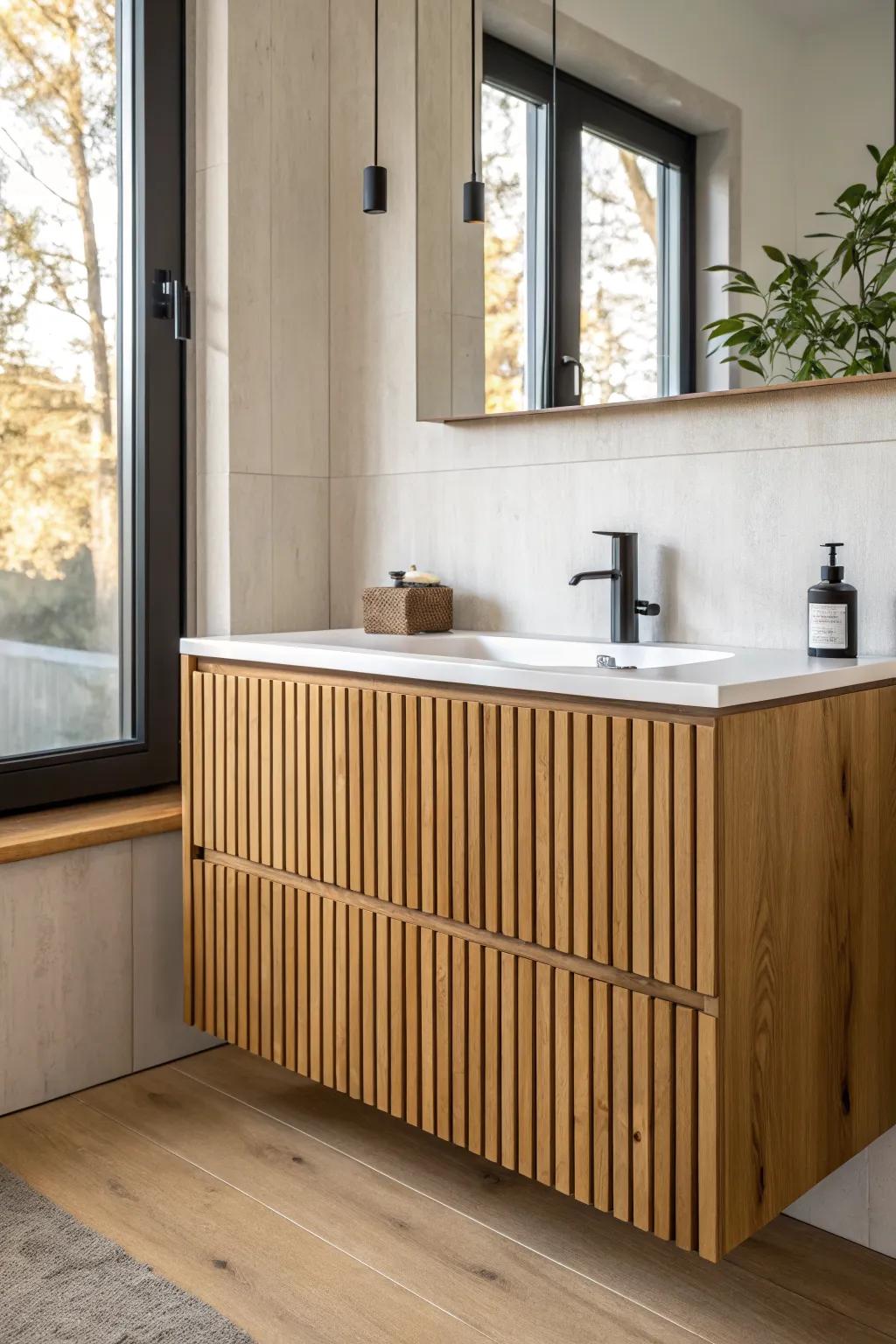 Vertical wood slats add warm texture and “built-in” character behind a simple vanity.