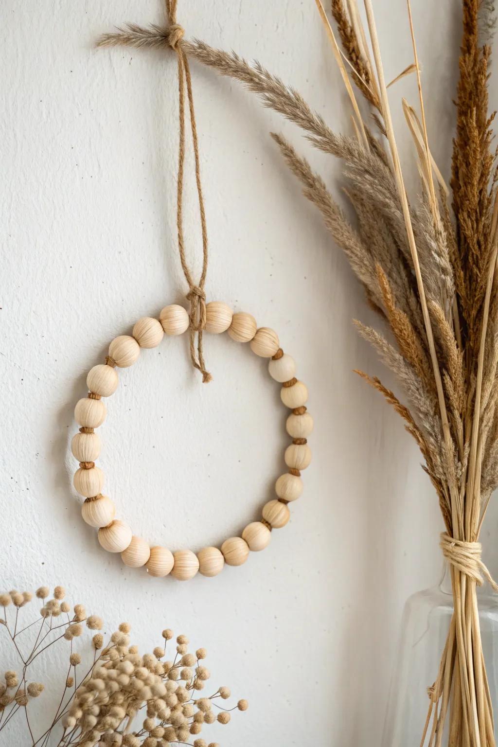 Minimal wooden bead wreath with dried stems—an easy, seasonal accent for any doorway.