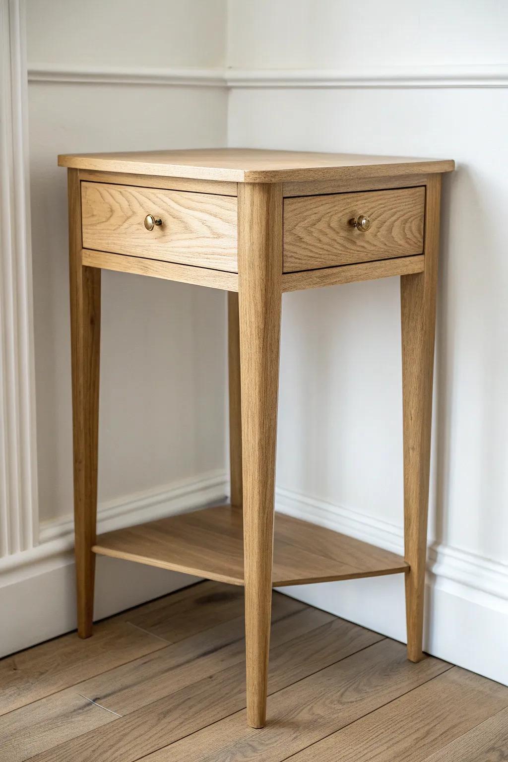 Slim oak corner table with a shallow drawer—hide small clutter while keeping the room light.