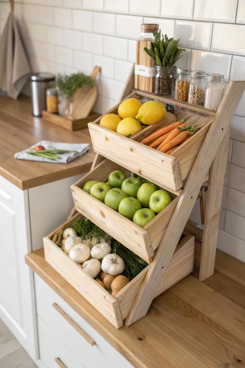 Tiered wooden crates turn everyday produce into a minimalist, Scandinavian kitchen display.