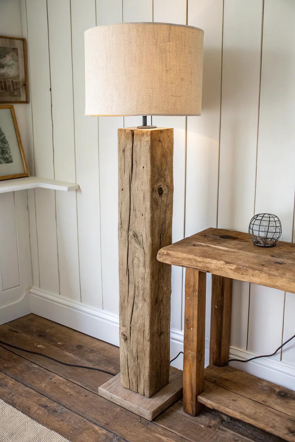 Reclaimed beam console lamp: storied texture, clean lines, and a soft linen glow.