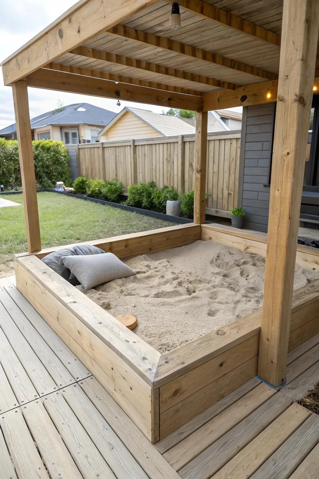 A shaded under-deck sandbox framed in thick timber—tidy, cozy, and beautifully minimal.