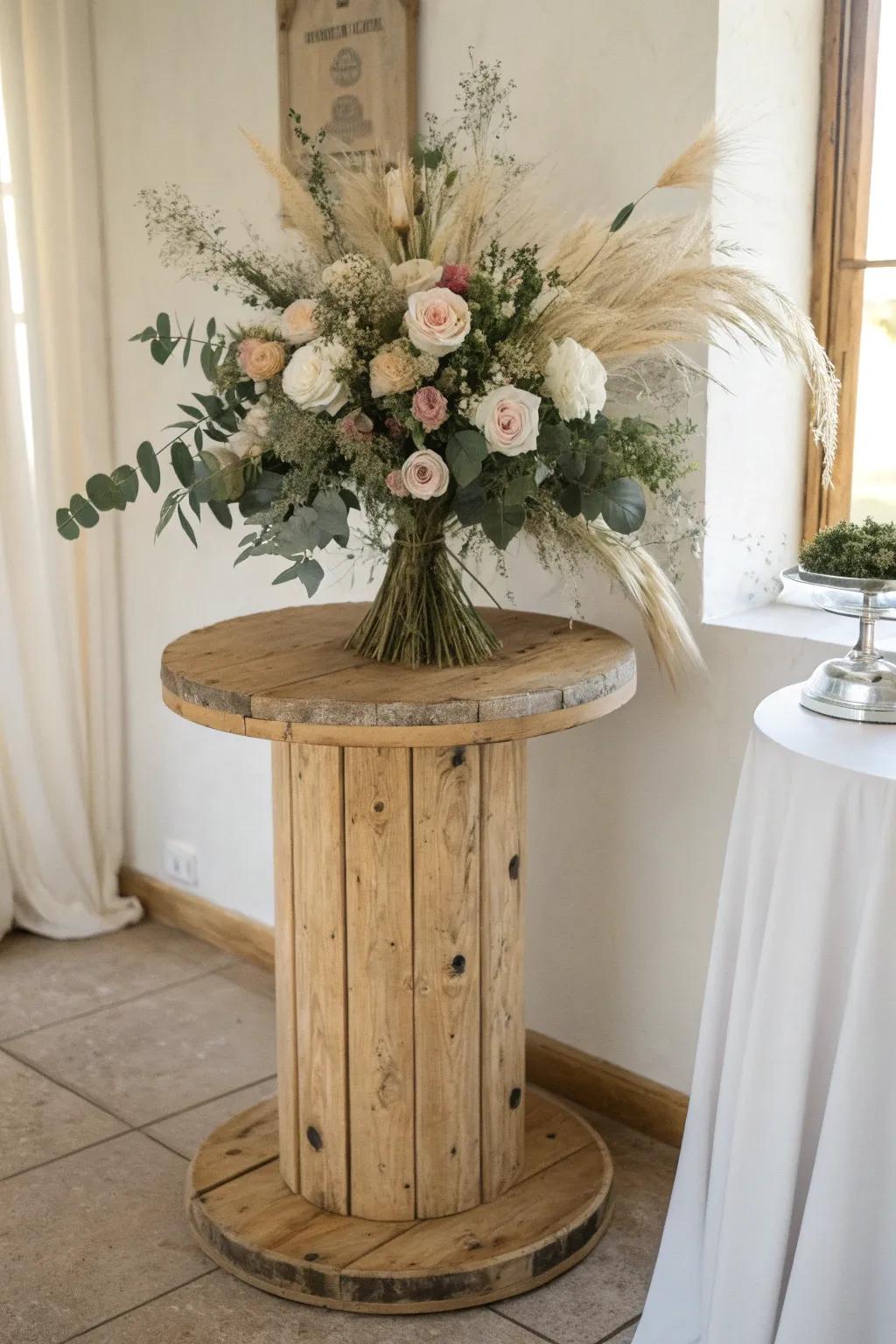 A rustic wooden spool pedestal crowned with dreamy florals—simple, sculptural, unforgettable.