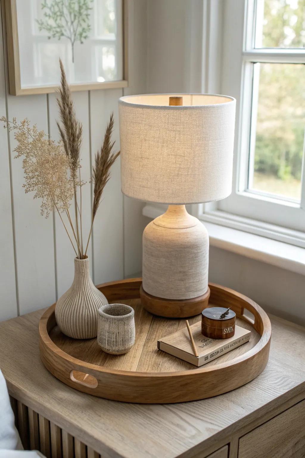 Side-table mini moment: a round wooden tray with lamp, bud vase, and lidded box.