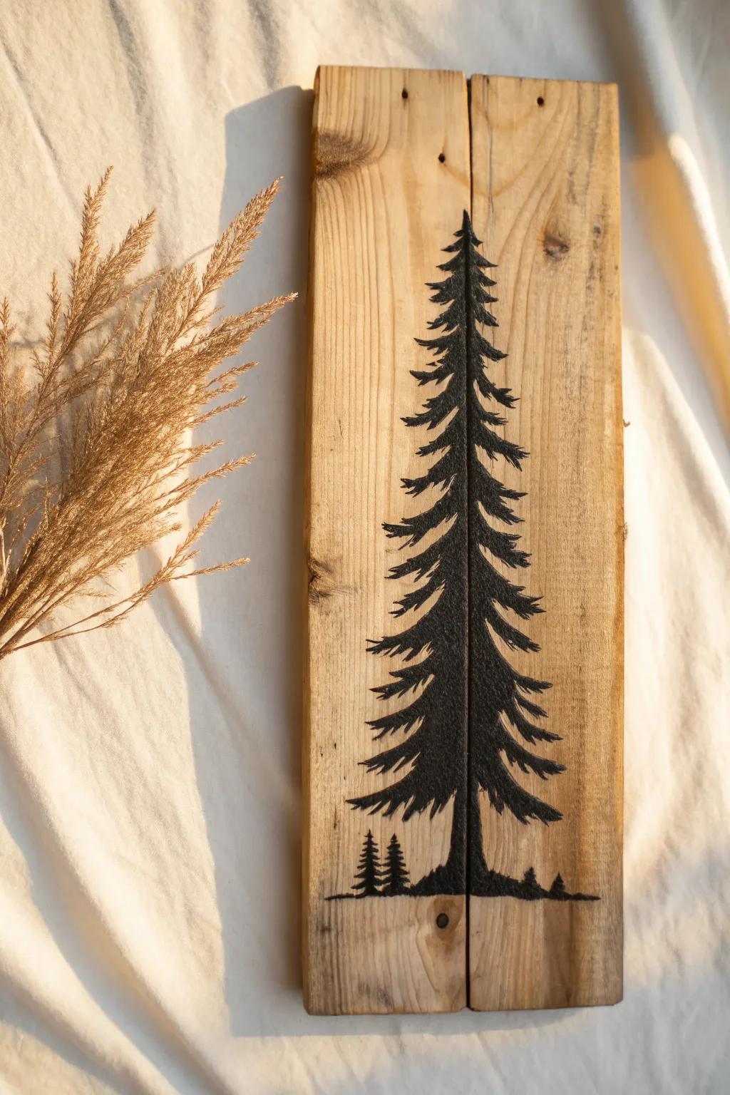 DIY tree silhouette wall art on reclaimed wood—simple, woodsy, and beautifully minimal.