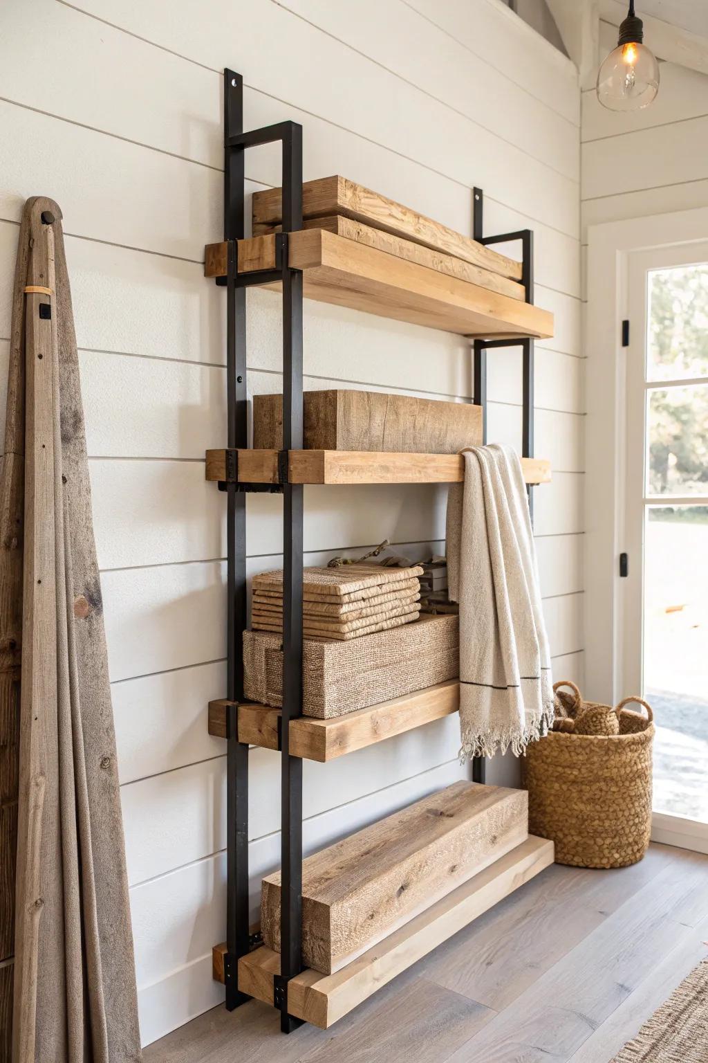 Wall-mounted lumber racks keep boards tidy, visible, and off the floor—no more tripping.
