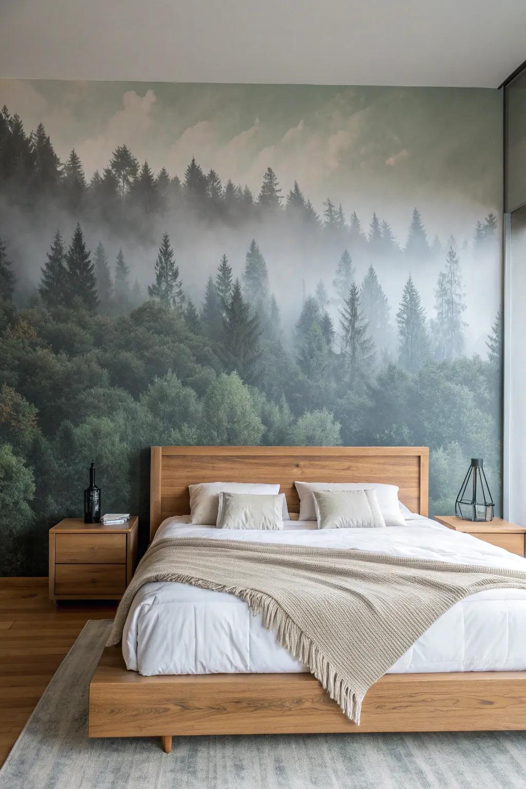 A misty forest mural turns a simple oak bed into a cozy, moody woodland retreat.