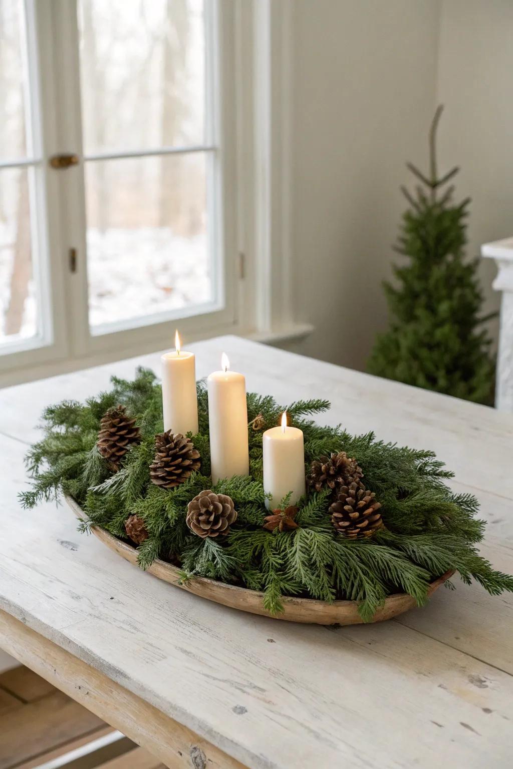 A low, loose evergreen garland with pinecones and candles—instant forest-to-table calm.