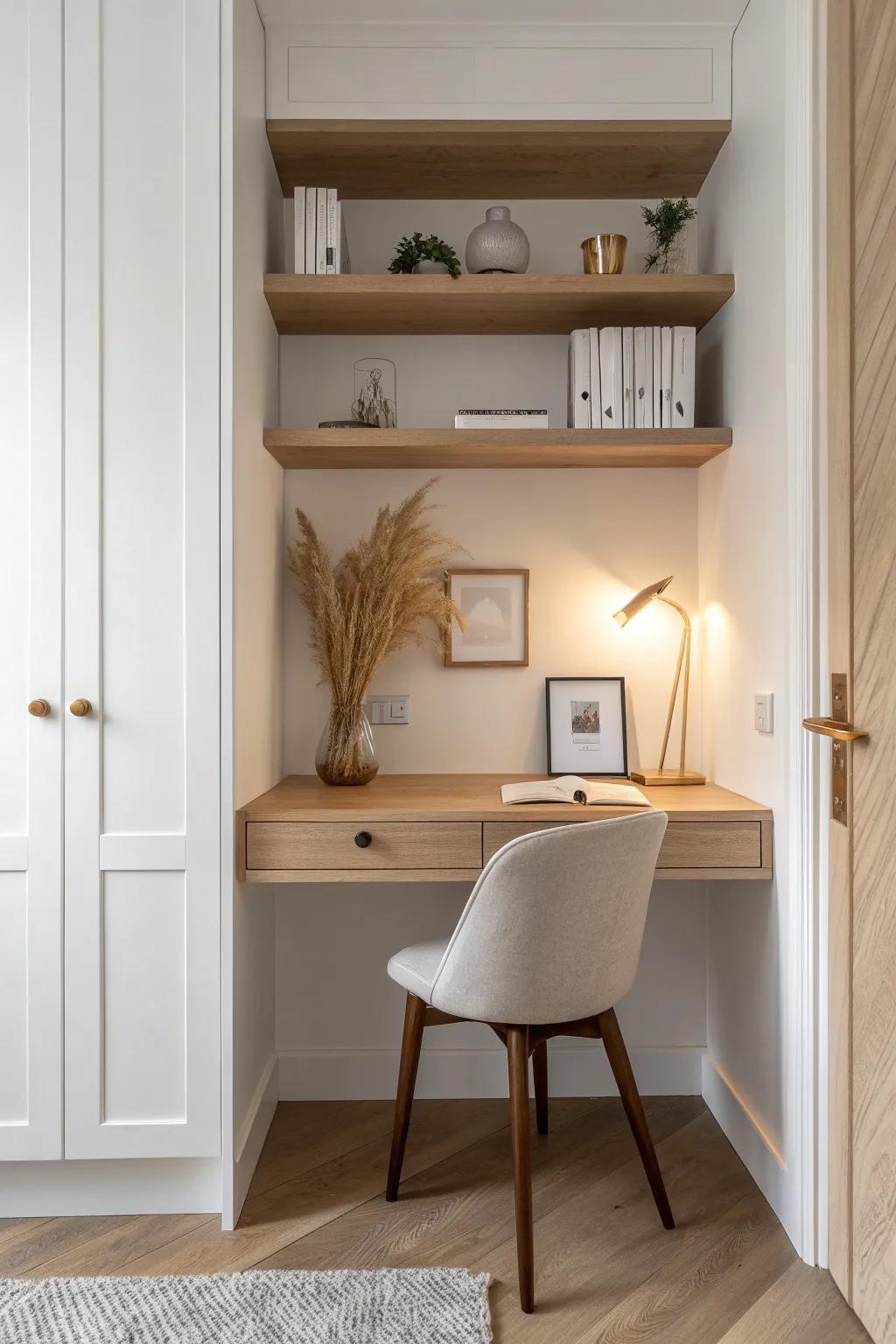 A closet turned into a calm oak desk nook—small, bright, and beautifully focused.