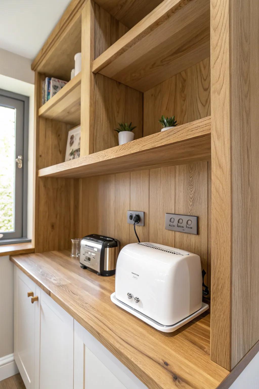 A built-in oak appliance shelf keeps your toaster ready—without crowding your main counters.