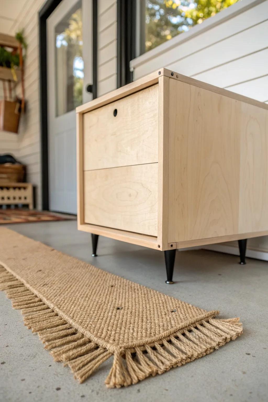 Separate toe-kick bases with levelers make workshop cabinets easy to align on sloped floors.