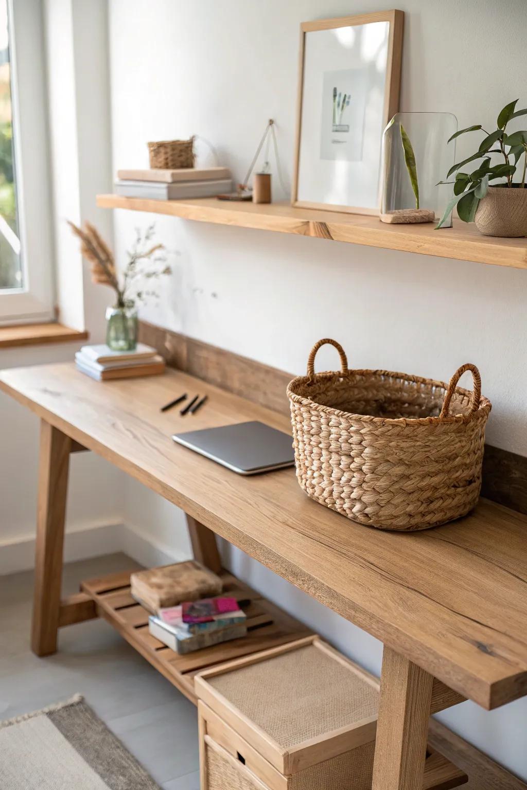Floating shelf above the bench—extra storage with warm wood tones and a calm, crafted look.