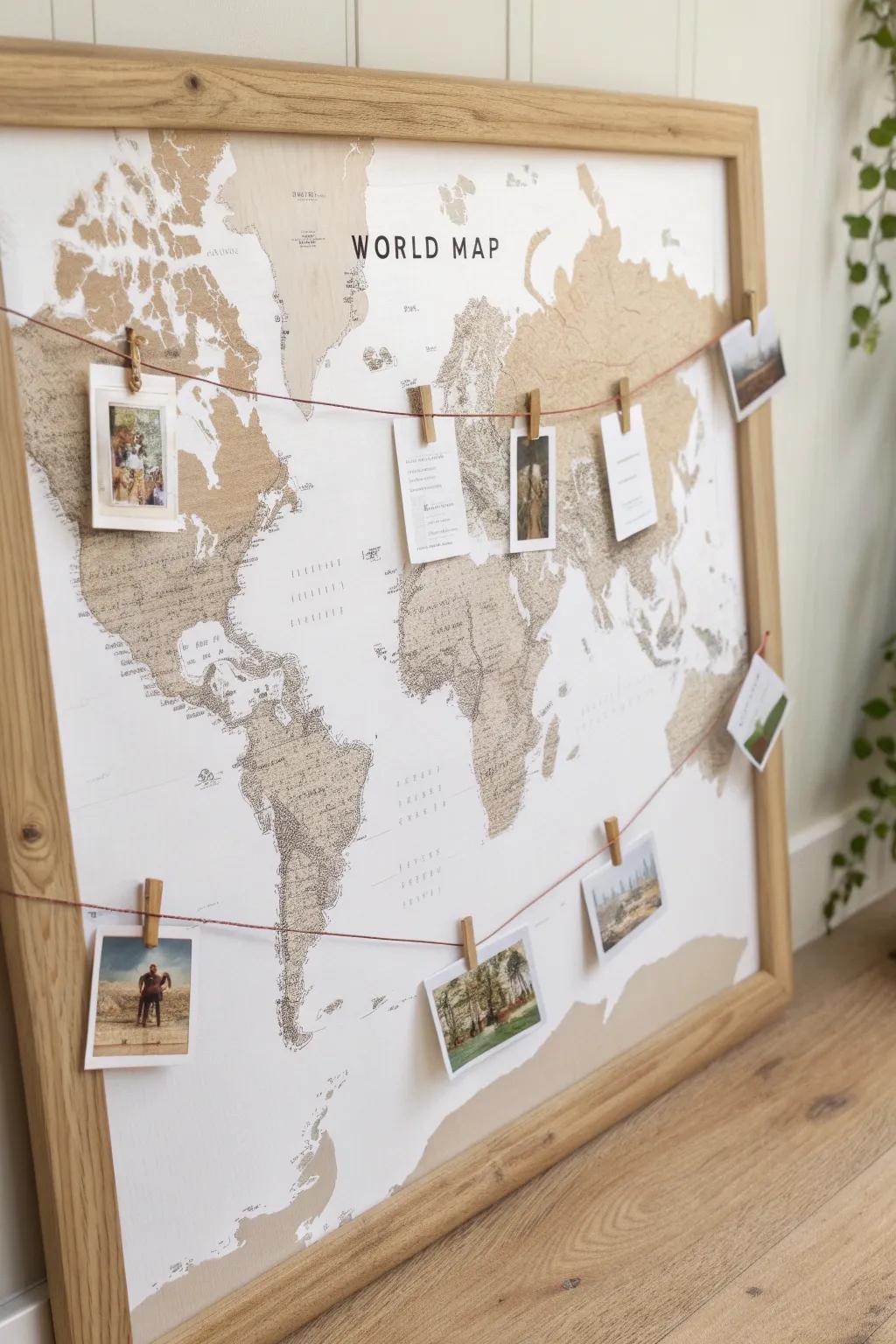Continent fact cards clipped on a wood strip—an elegant world map learning board that updates fast.