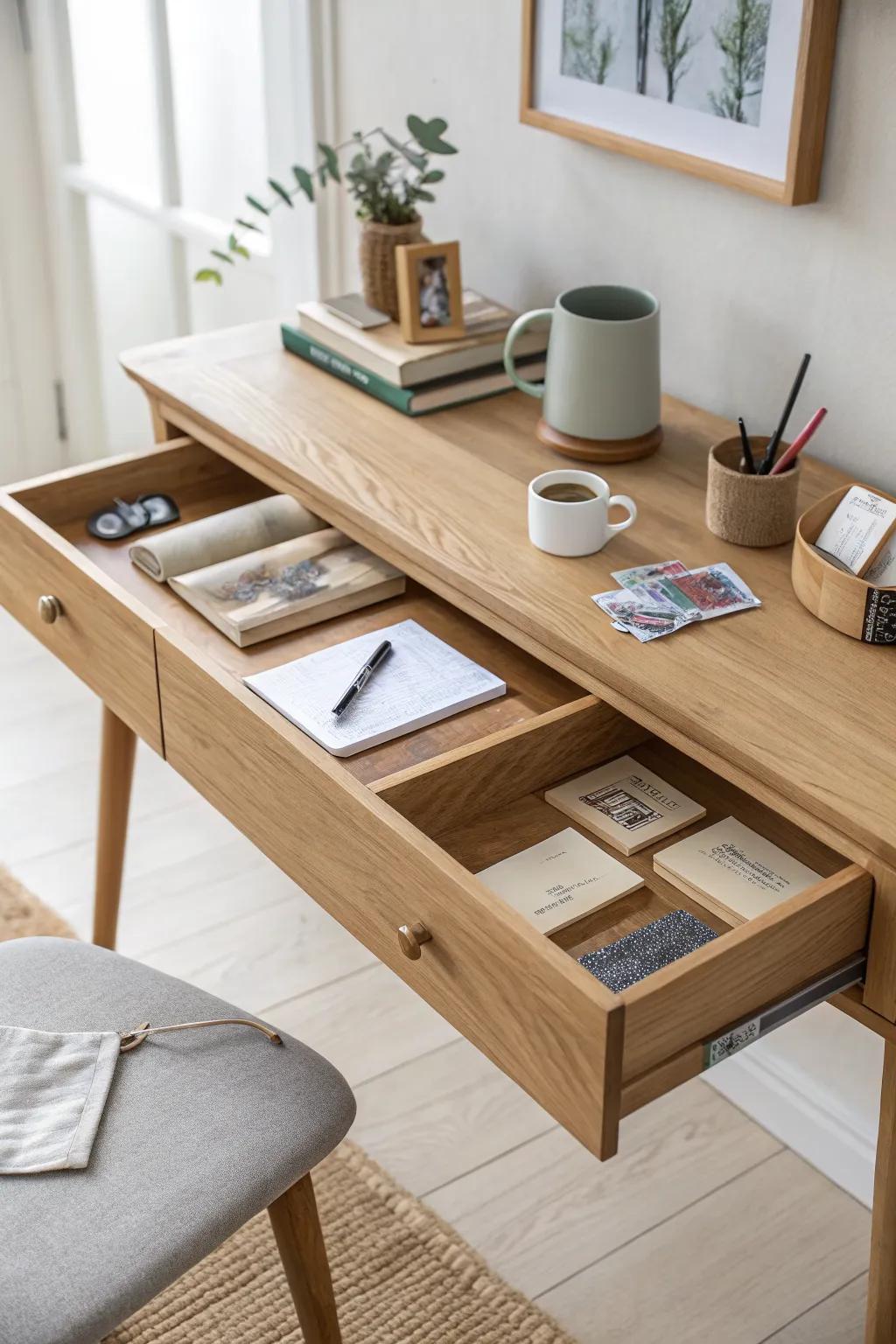 One deep drawer, zero clutter—an oak writing desk that hides paper piles in a single smooth pull.