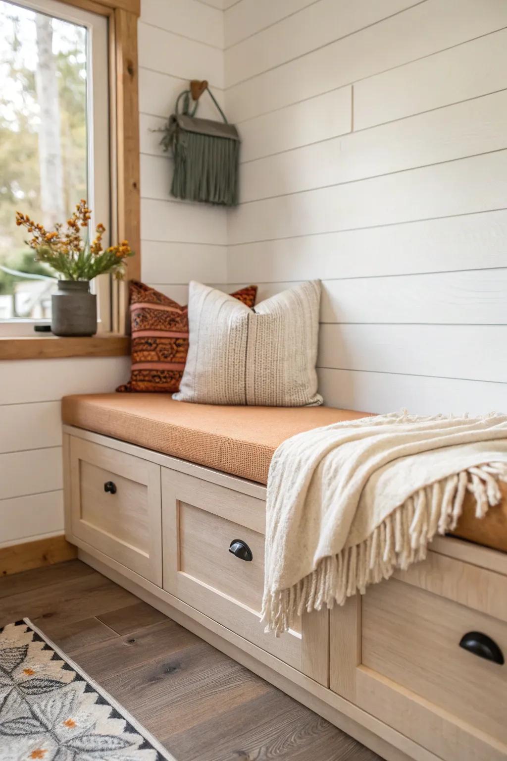 Corner banquette with lift-up lids—beautiful tiny-house dining plus hidden storage in one.