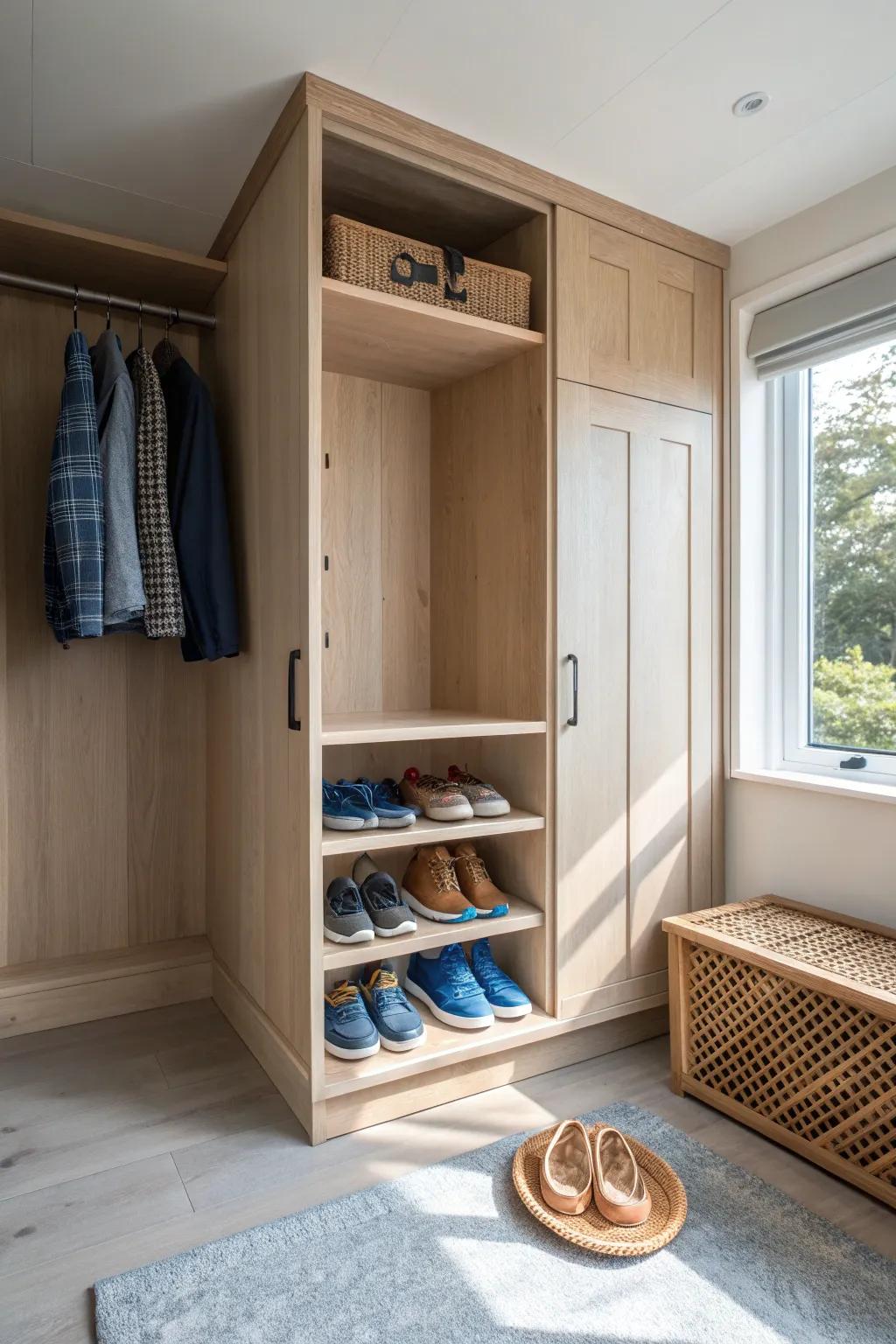 Angled 2x4 shoe bay: built-in, low-profile storage that keeps every pair visible and tidy.
