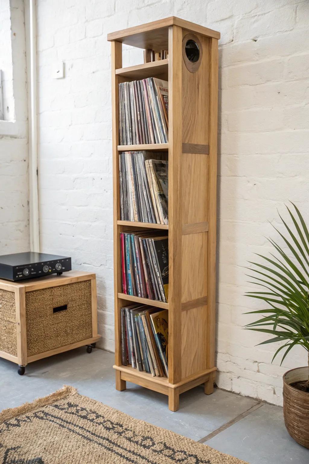 Slim oak media tower with adjustable shelves—serious vinyl storage in a minimal footprint.
