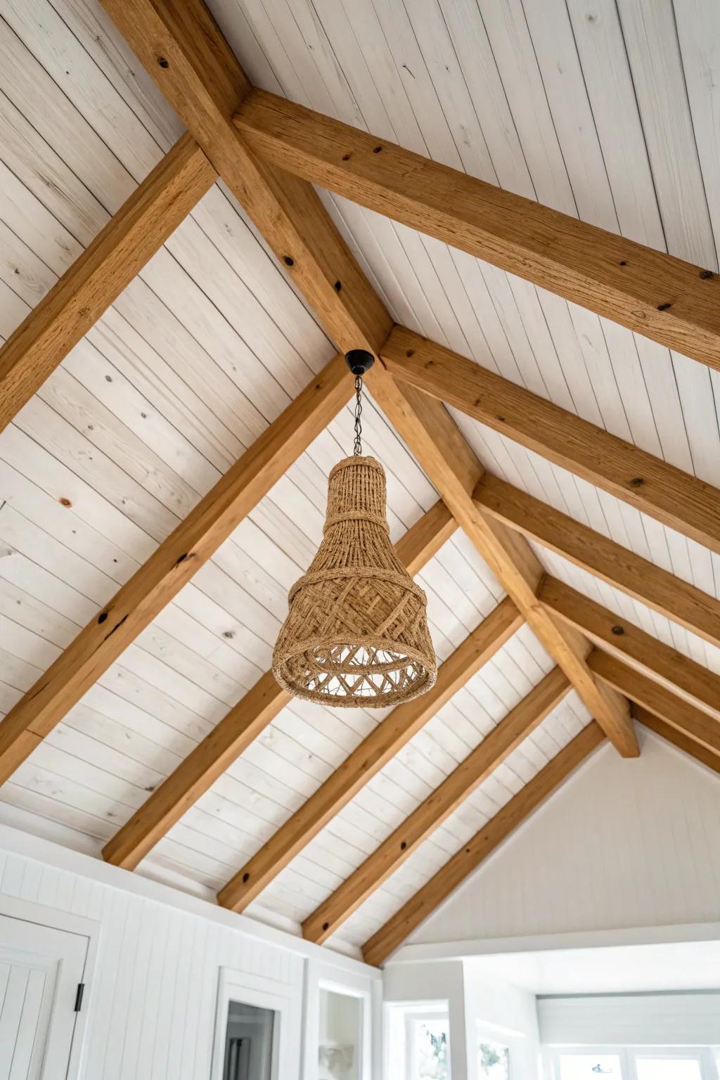 Repeating collar ties add warm rhythm and chalet charm to a bright A-frame ceiling.