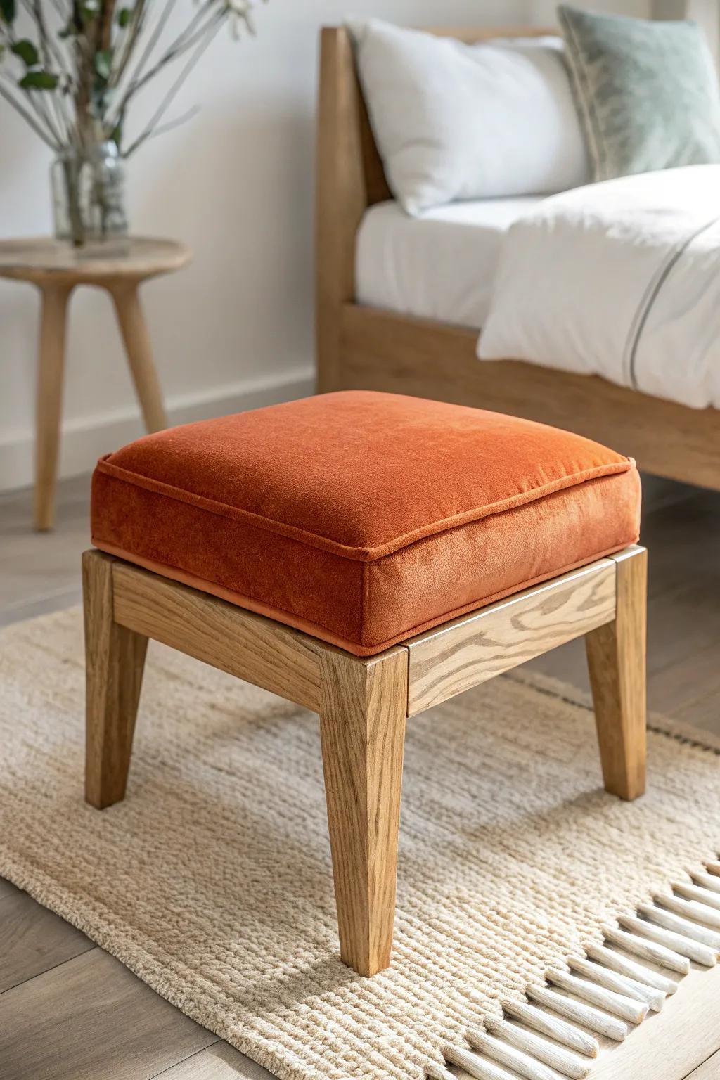 Bold velvet ottoman + accent chair = a bedroom corner made for real, everyday lounging.